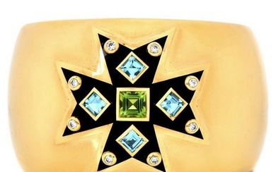 Verdura Maltese Cross Diamond Gemstones 18K Yellow Gold Enamel Bangle Bracelet