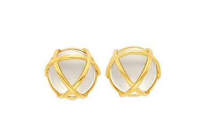 Verdura Pair of Gold and Rock Crystal 'Caged' Earclips