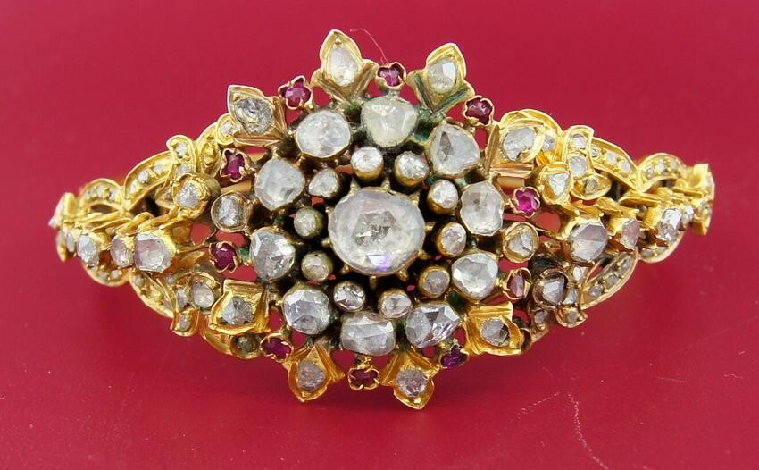 Victorian ROSE CUT DIAMOND RUBY YELLOW GOLD BANGLE