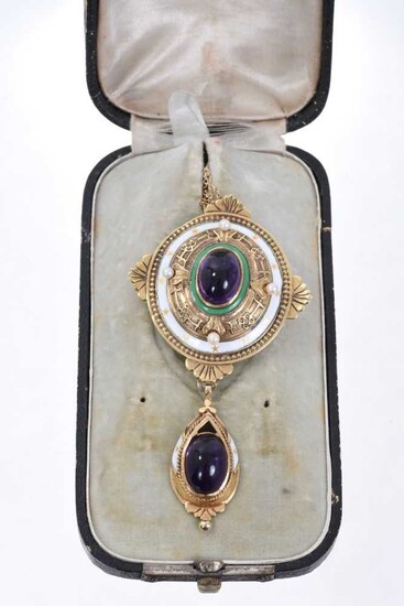 Victorian style gold enamel and cabochon amethyst pendant brooch