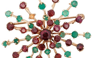 Vintage 14k Gold, Emerald and Ruby Starburst Brooch