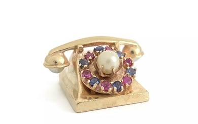 Vintage 1950's Pearl Ruby Sapphire Telephone Charm 14K Yellow Gold, 10.64 Grams
