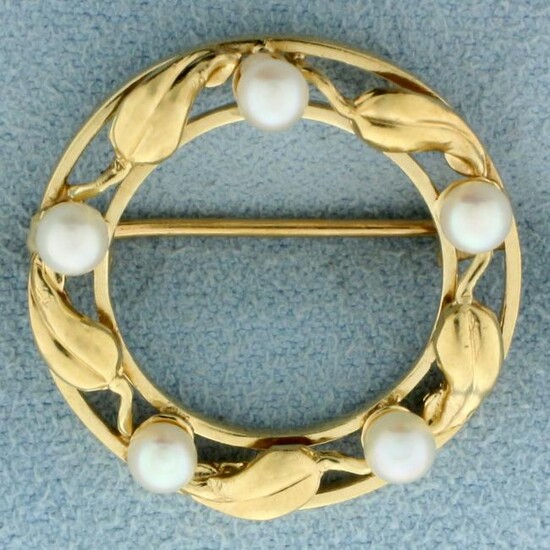 Vintage Leaf Design Cultured Pearl Pin in 14K Yellow