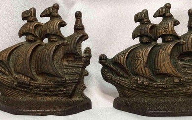 Vintage Pair Cast Bronze Galleon Ship Bookends