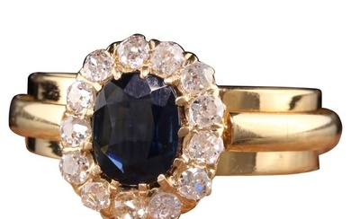 Vintage Retro 18K Yellow Gold Sapphire and Diamond Halo Engagement Ring