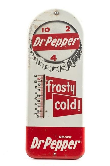 Vintage Tin Dr. Pepper Thermometer in original paint with some light thinning at top left side