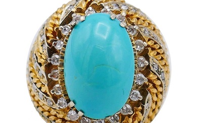Vintage Turquoise Ring 18k Gold Diamond French Estate Jewelry Signed...