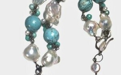 Vintage Turquoise & Pearl Necklace With Cross