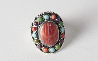 Vtg Southwest Multicolored Stones Sterling Silver Ring SZ 8.5 w/ Spiny Oyster