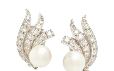 WHITE GOLD, CULTURED PEARL, AND DIAMOND CLIP EARRINGS