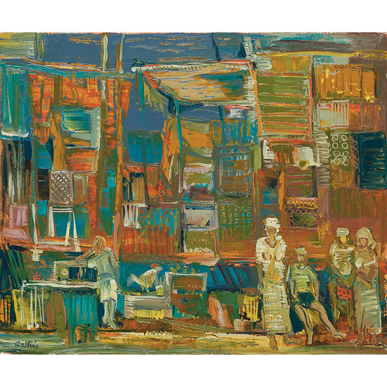 Walter Battiss South African 1906–1982 Figures outside dwellings oil on canvas signed bottom left 51 x 61 cm
