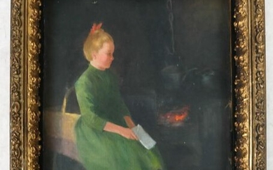 Young Girl by a Stove - Oil on Canvas