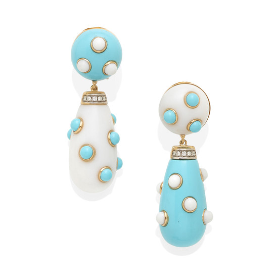a pair of 18k gold, turquoise and white agate ear pendants