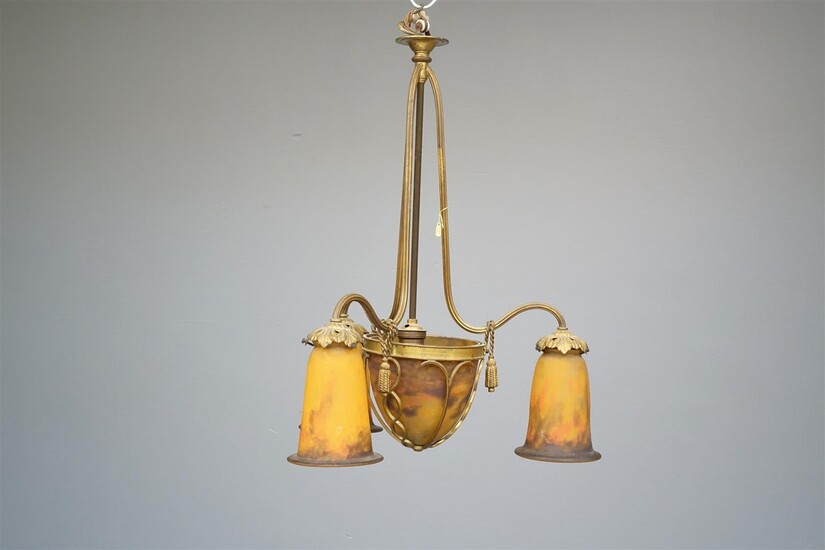 (-), bronzen art deco hanglamp met gekleurde persglazen...