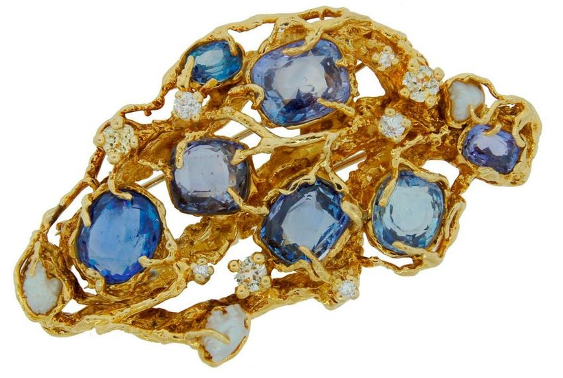 c.1960s ARTHUR KING SAPPHIRE DIAMOND PEARL YELLOW GOLD
