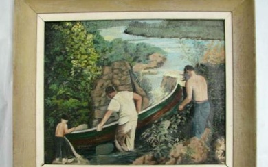 iGavel Auctions: Circa 1940s American Naïve Folk Art Oil on board. Bringing in The Canoe. Signed Donato FR3SH