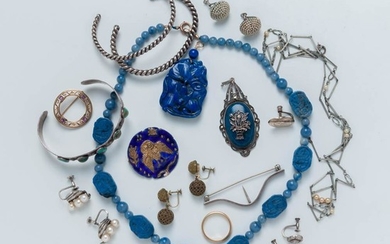 Group of Jewelry, including a blue beaded necklace and a gold ring.
