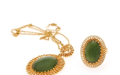 A jewellery collection comprising a ring and a pendant with chain each set with a oval cabochon jade, mounted in 18k gold. Size 54. (3)