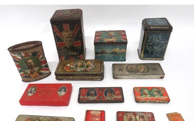 13 x WW1 And Coronation Tins including patriotic examples .....