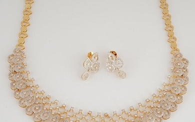 14 K Yellow Gold Diamond Necklace with Drop Earrings