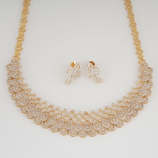 14 K Yellow Gold Diamond Necklace with Drop Earrings