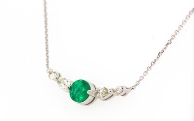 14 kt. White gold - Necklace with pendant - 0.34 ct Emerald - Diamonds