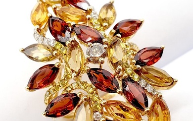 14 kt. Yellow gold - Ring - Garnet, Citrine, Cognac Quartz, Sapphire, Diamond