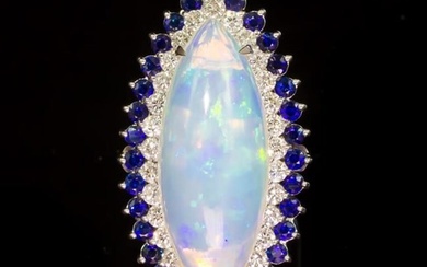 14K White Gold 15.65ct Opal 1.17ct Sapphire and 1.89ct Diamond Ring