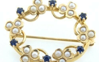 14K YELLOW GOLD ROUND CABOCHON PEARL SAPPHIRE PIN