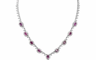 14k White Gold 7.71ct Pink Sapphire 7.41ct Diamond Necklace