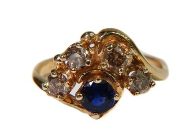 14k Yellow Gold Blue Spinel and Brown Diamond Ring, Size 4.5