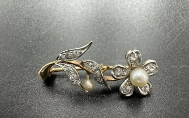 14k diamond and natural pearl flower brooch
