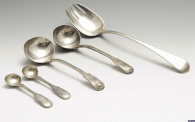 A selection of flatware to include a George III silver salad server, two similar early nineteenth century silver sauce ladles, etc.