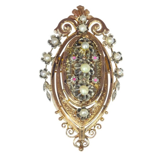 18 kt. Pink gold - Brooch, Pendant Ruby - Pearls, Vintage antique Victorian anno 1870