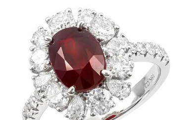 18 kt. White gold - Ring - GRS Report- Not Heated 3.10 ct Vivid Red Ruby, 1.74 ct Diamonds
