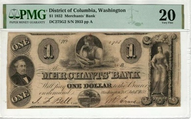 1852 $1 MERCHANTS BANK COLUMBIA WASHINGTON OBSOLETE NOTE PMG VERY VF 20 (072)