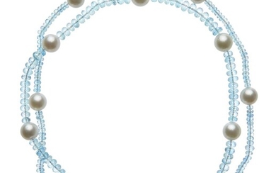 18CT WHITE GOLD, SOUTH SEA PEARL AND AQUAMARINE BEAD NECKLACE
