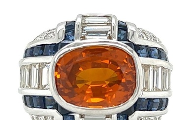 18K White Gold Orange Sapphire Sapphire and Diamond Ring