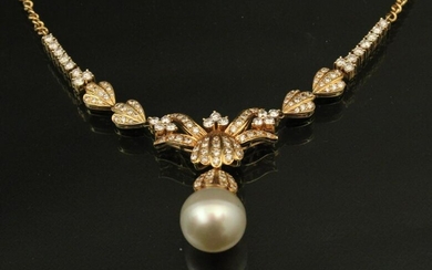18K YG NATURAL PEARL AND DIAMOND NECKLACE