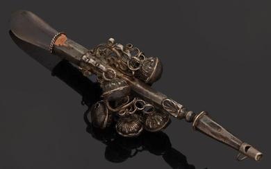 18th century silver whistling rattle, eight-sided body, bells...