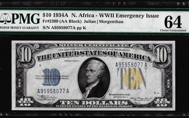 1934A $10 North Africa WWII Silver Certificate Note Fr.2309 PMG Choice Uncirculated 64