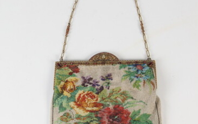 19TH CENTURY MULTI-COLOR FLORAL-DECORATED BEADWORK PURSE. Rectangular with hinged, "jeweled"...