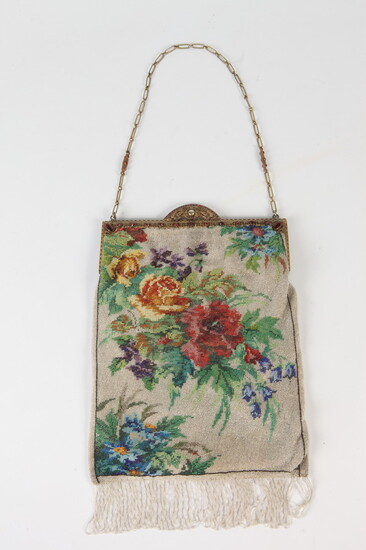 19TH CENTURY MULTI-COLOR FLORAL-DECORATED BEADWORK PURSE. Rectangular with hinged, "jeweled"...