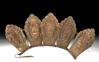 19th C. Tibetan Leather Crown w/ Dhyani Buddhas