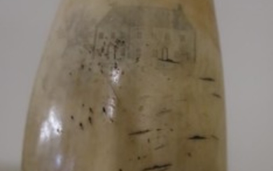19th C scrimshaw whales tooth with detail to the...