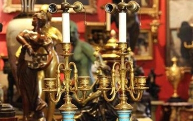 19th Century Pair Sevres Vases with Dore Bronze Candelabras, Good Condition