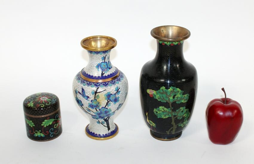 2 Chinese cloisonne vases and lidded box
