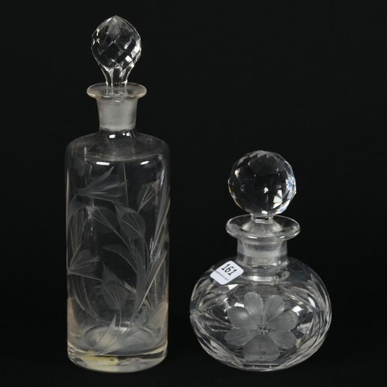 (2) Cut Glass Engraved Bottles