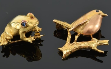 (2) Gold pins, Harriet Glen, 18K frog, and 9K bird on
