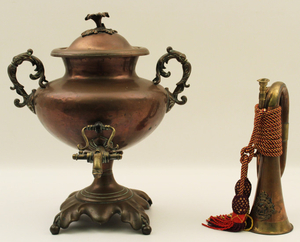 2 PC. MISC. LOT; COPPER SAMOVAR AND FRENCH HORN